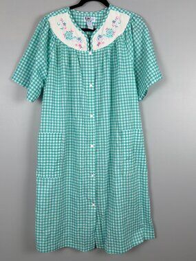 Leisure Life House Coat Womens 1X Green Gingham Plaid Robe Pearl Snap Grannycore
